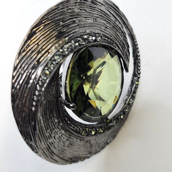 Statement Silver and Green Crystal Ring Adjustable Band - Picture 7 of 9